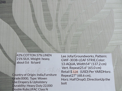 Lee Jofa Leave Strie Seafoam Green Monstera Foliage Tropical Rain Forest Silk MSRP USD 328/Y