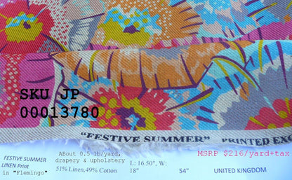Old World Weavers Festive Summer Flamingo Pink Blue Orange Linen Royal Hippie Flower Power 1960s