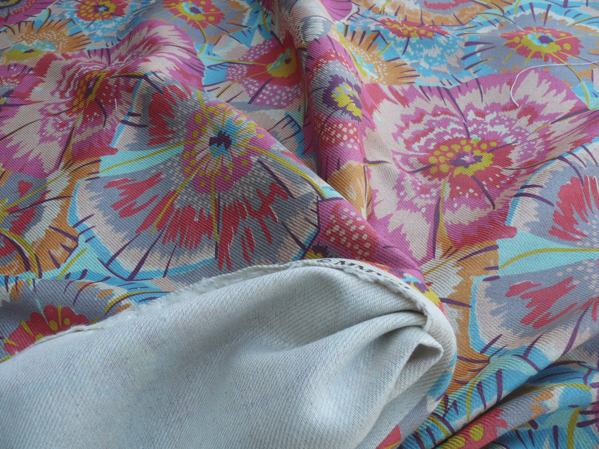 Old World Weavers Festive Summer Flamingo Pink Blue Orange Linen Royal Hippie Flower Power 1960s