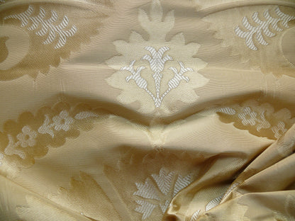 100%silk Lampas Tulip Fan Damask 536 "flax" Off White Beige Gold Bty MSRP USD296/y!