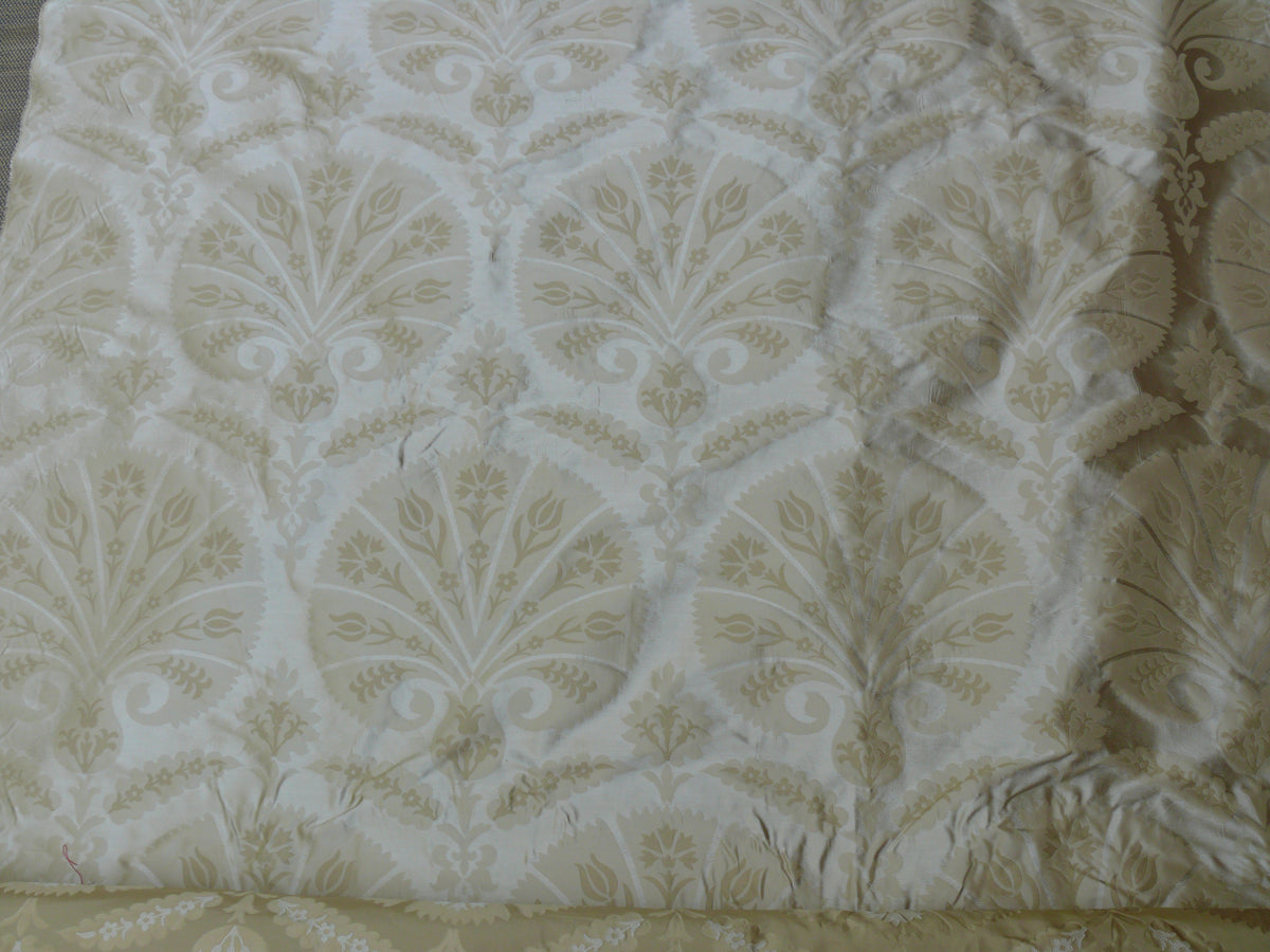 100%silk Lampas Tulip Fan Damask 536 "flax" Off White Beige Gold Bty MSRP USD296/y!