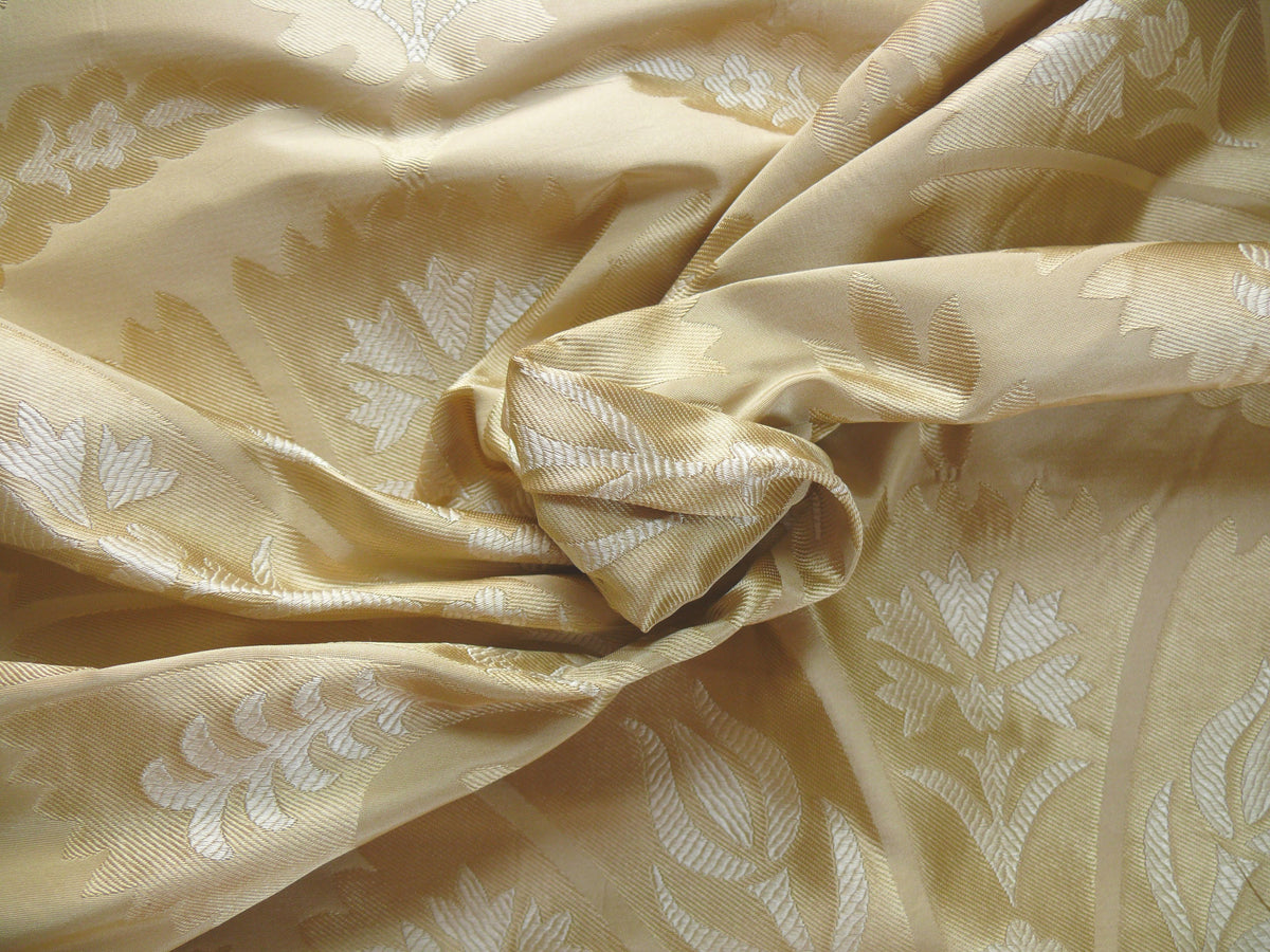 100%silk Lampas Tulip Fan Damask 536 "flax" Off White Beige Gold Bty MSRP USD296/y!