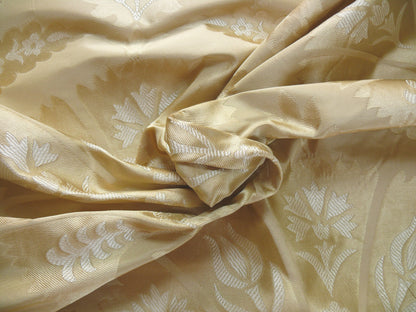 100%silk Lampas Tulip Fan Damask 536 "flax" Off White Beige Gold Bty MSRP USD296/y!