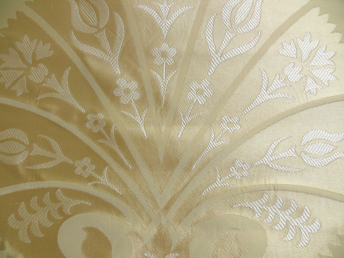 100%silk Lampas Tulip Fan Damask 536 "flax" Off White Beige Gold Bty MSRP USD296/y!