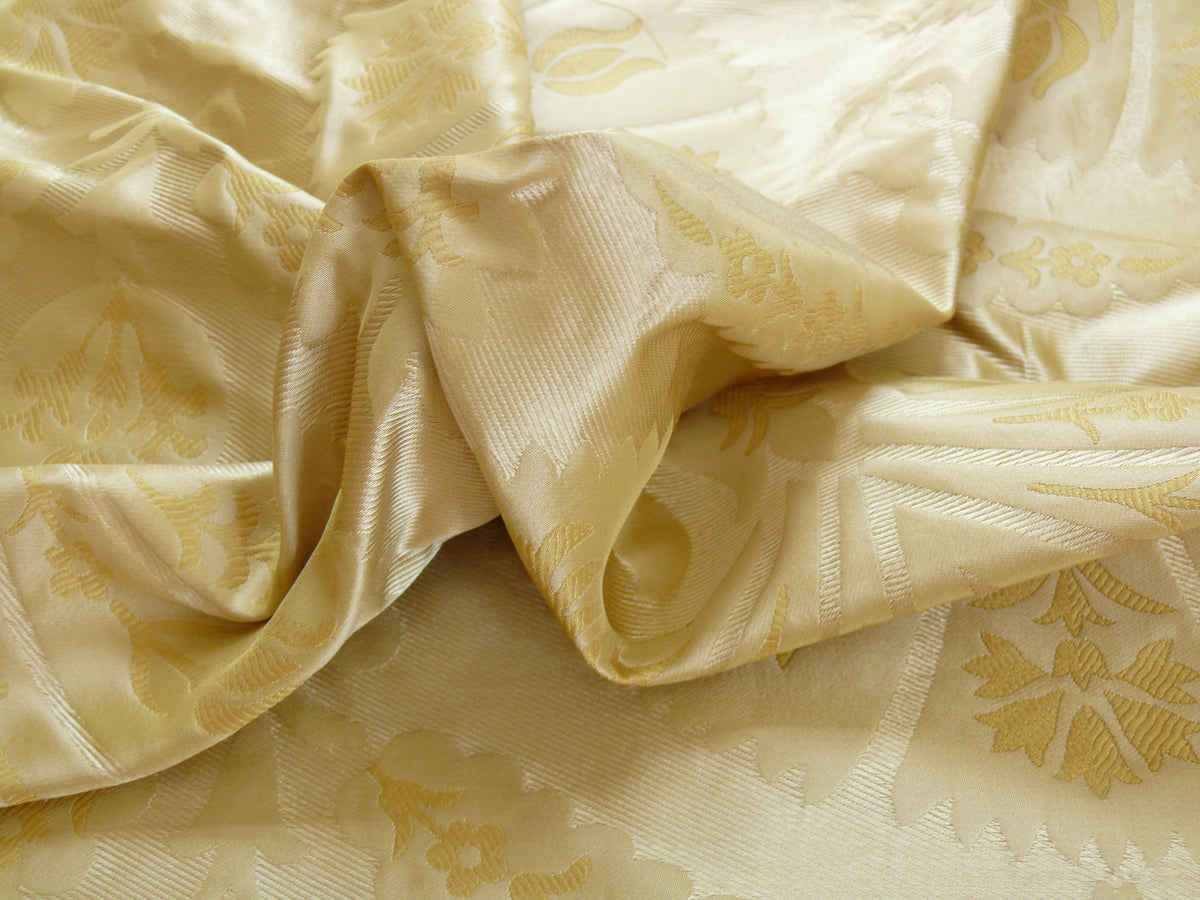 100%silk Lampas Tulip Fan Damask 536 "flax" Off White Beige Gold Bty MSRP USD296/y!