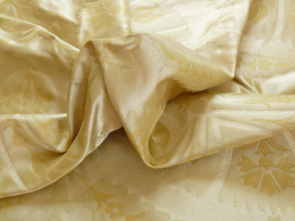 100%silk Lampas Tulip Fan Damask 536 "flax" Off White Beige Gold Bty MSRP USD296/y!