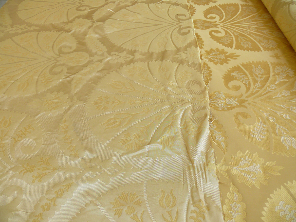 100%silk Lampas Tulip Fan Damask 536 "flax" Off White Beige Gold Bty MSRP USD296/y!