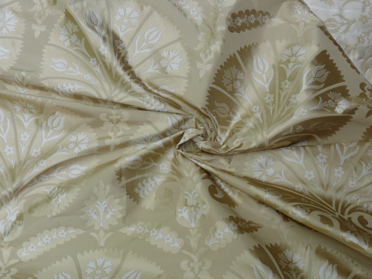 100%silk Lampas Tulip Fan Damask 536 "flax" Off White Beige Gold Bty MSRP USD296/y!