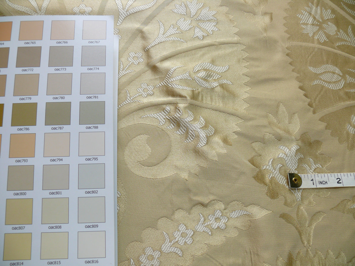 100%silk Lampas Tulip Fan Damask 536 "flax" Off White Beige Gold Bty MSRP USD296/y!