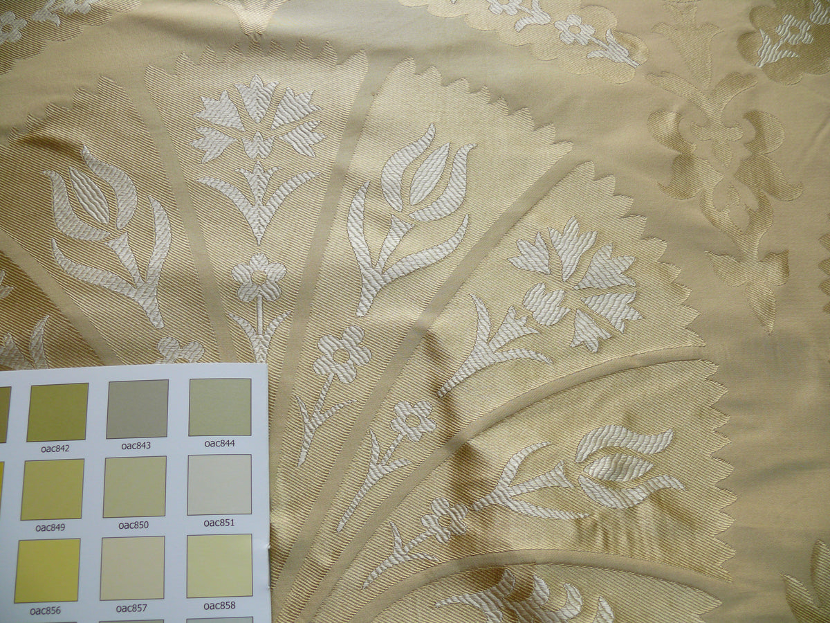 100%silk Lampas Tulip Fan Damask 536 "flax" Off White Beige Gold Bty MSRP USD296/y!