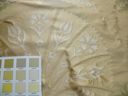 100%silk Lampas Tulip Fan Damask 536 "flax" Off White Beige Gold Bty MSRP USD296/y!