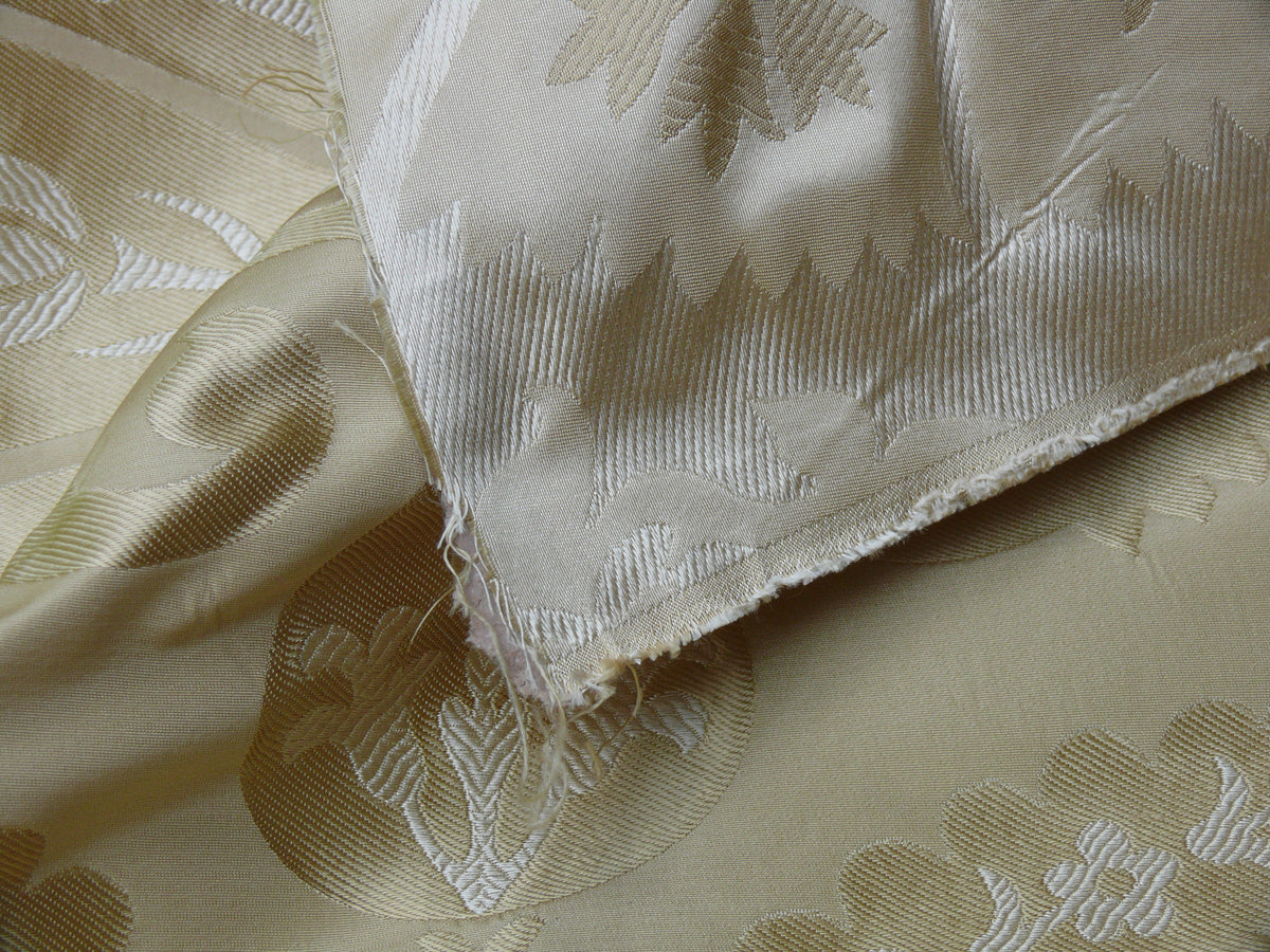 100%silk Lampas Tulip Fan Damask 536 "flax" Off White Beige Gold Bty MSRP USD296/y!