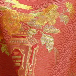 100%SILK LAMPAS CHINOISERY GOLD PEONY BASKET VASE MULBERRY RED