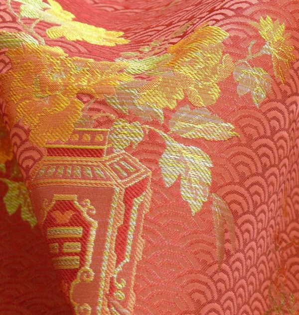100%SILK LAMPAS CHINOISERY GOLD PEONY BASKET VASE MULBERRY RED