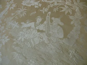 100% SILK DAMASK CHINOISERIE TOILE MUSIC GARDEN "NIMBUS" CREAM W