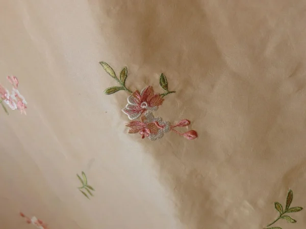 LEE JOFA FLEURIR SILK SAND PALE GOLD WITH PINK FLOWER EMBROIDERY