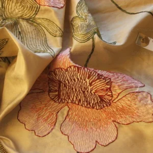 100% SILK LARGE PINK RED FLOWER CREWEL EMBROIDERY