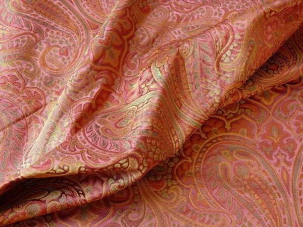 100% SILK LAMPAS SMALL JEWELLED PAISLEY "PERSIMMON" PINK