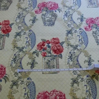 TRAVERS LINEN PRINT ASIAN pink PEONY BLUE PORCELAIN