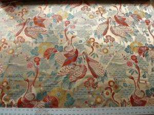 BY YARD KRAVET ORIENTAL CRANE bird Haute Red Lampas MSRP $199/Y