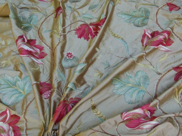 By Yard GP&J Baker TULIP TREE SILK Embroidery RED GOLD MSRP$298Y