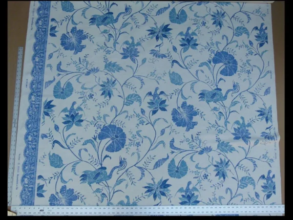 1.75Yd Brunschwig & Fils Batik Pacific Blue Bird Print Linen