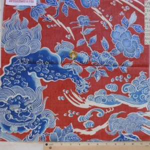 BRUNSCHWIG & FILS SHISHI BLUE PEONY & CHINESE LION ON POPPY RED