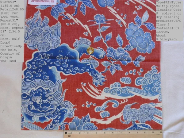 BRUNSCHWIG & FILS SHISHI BLUE PEONY & CHINESE LION ON POPPY RED