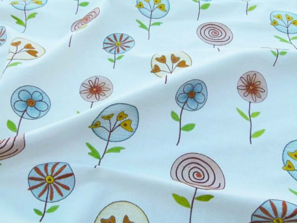 Scalamandre Fancy Work Teal Rust Red On White Modern Flower Power Embroidery MSRP USD 200/yard Old World Weavers