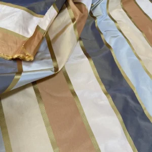 Clarence House 100% Silk Taffeta Satin Stripe Copper Red, Light Blue, Smoky Teal Blue and Gold