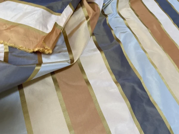 Clarence House 100% Silk Taffeta Satin Stripe Copper Red, Light Blue, Smoky Teal Blue and Gold