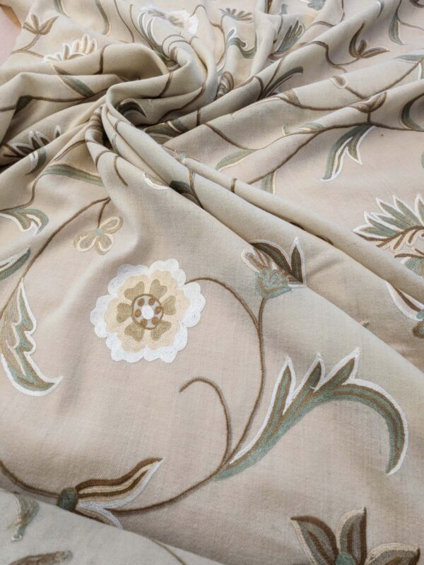 Scalamandre Sindia Wool Celadon Ivory Beige Floral Botanical Embroidery MSRP USD 492/y