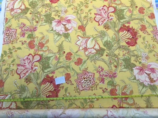 4 yards Printed Cotton Jacobean Sunny FLowers Red on Golden Yellow #1588