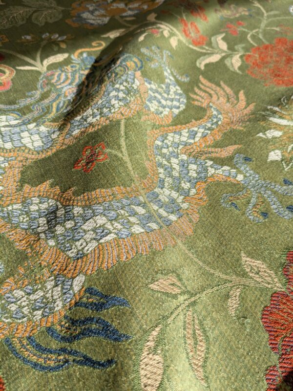 By yard Scalamandre Dragon Tablea Spring Multi Lampas Chinoserie Green