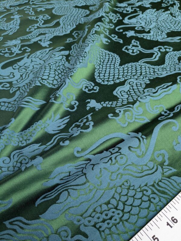 Schumacher Ruan Dragon Damask Emerald Green Art Deco Chinoiserie Satin Cotton MSRP USD 296/y