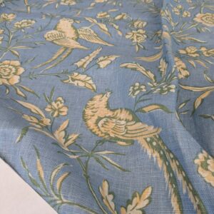 11 EV52 1.2y x 53"wide Scalamandre Aviary Sky Blue Linen Birds Floral Botanical Foliage